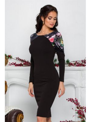 Rochie Moze neagra cu catifea imprimata floral poza 0