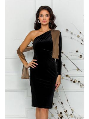 Rochie Ginette neagra din catifea cu accesoriu tip esarfa poza 0