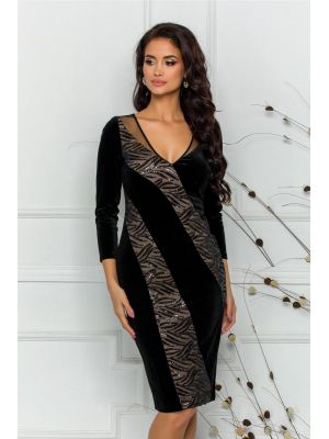 Rochie Ginette neagra din catifea cu insertii din paiete dispuse in diagonala poza 0