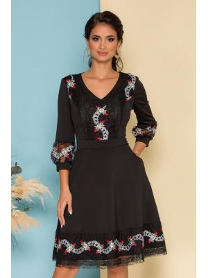 Rochie Ella Collection Betty neagra cu broderie florala poza 0