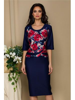 Rochie Aiana satinata bleumarin cu imprimeu floral la bust poza 0