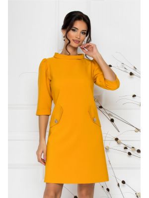 Rochie LaDonna galbena cu guler la baza gatului si accesorii tip buzunare poza 0