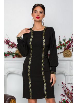 Rochie Ella Collection Lilly neagra cu benzi brodate traditional poza 0