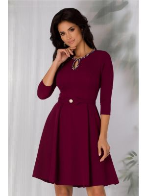 Rochie Ivette mov pruna cu maneci trei sferturi si decolteu accesorizat poza 0