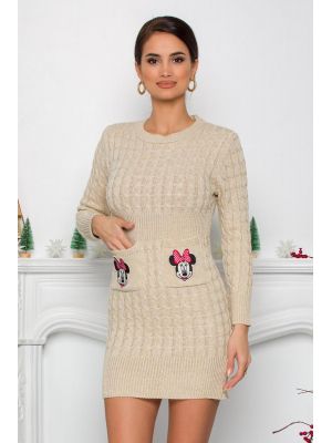 Rochie Minnie bej din tricot cu design impletit poza 0