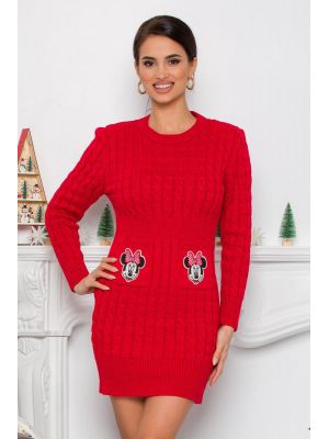 Rochie Minnie rosie din tricot cu design impletit poza 0