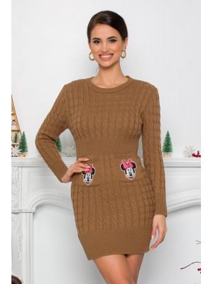 Rochie Minnie maro din tricot cu design impletit poza 0