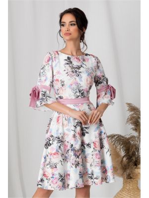 Rochie MBG alba cu imprimeu floral gri si roz poza 0