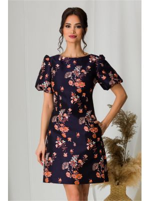 Rochie MBG bleumarin cu imprimeuri florale orange poza 0