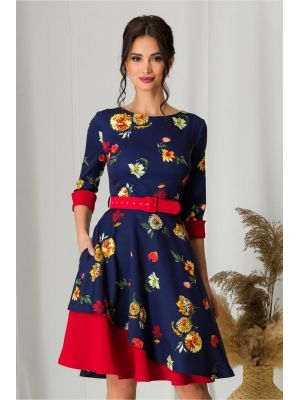 Rochie MBG bleumarin cu flori galbene si detalii rosii poza 0