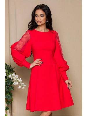 Rochie LaDonna rosie cu maneci din tull cu buline poza 0