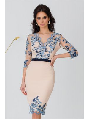 Rochie MBG bej cu dantela albastra poza 0