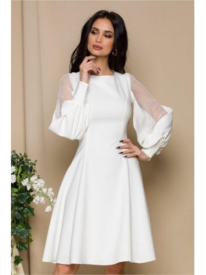 Rochie LaDonna alba cu maneci din tull cu buline poza 0