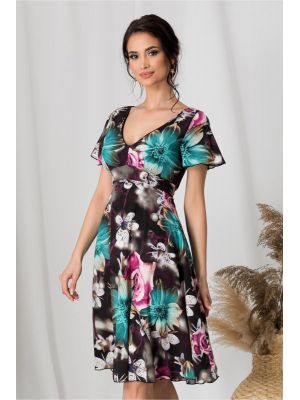 Rochie Amelia neagra de zi cu flori turcoaz si lila poza 0