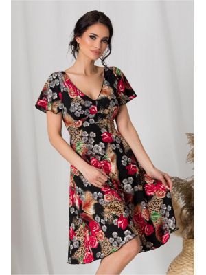 Rochie Amelia neagra cu trandafiri rosii si animal print poza 0