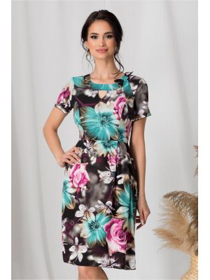 Rochie Adriela neagra cu flori turcoaz si fundita in zona decolteului poza 0