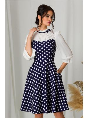 Rochie MBG bleumarin cu buline albe si maneci din voal poza 0