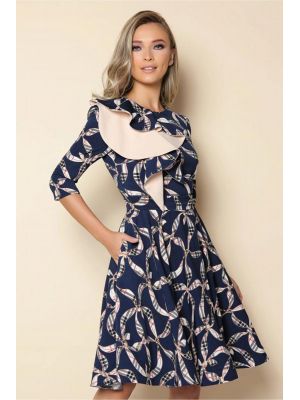 Rochie MBG bleumarin cu volan pe umar si imprimeu floral poza 0