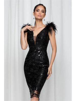 Rochie MBG neagra de seara cu paiete si fulgi la umeri poza 0
