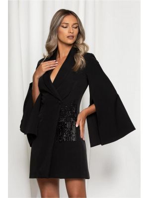 Rochie MBG neagra tip sacou cu maneci despicate si franjuri in talie poza 0