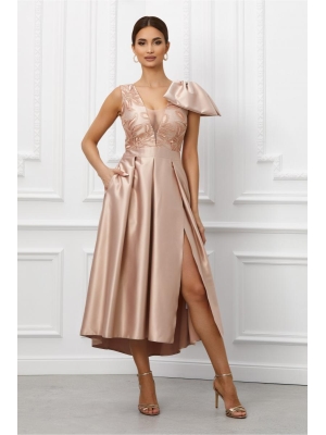 Rochie Moze beige cu fundita maxi pe umar poza 0