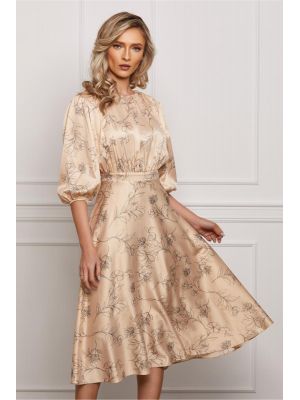 Rochie Dy Fashion satinata bej cu imprimeuri florale negre poza 0