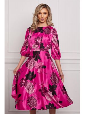 Rochie Dy Fashion satinata fucsia cu imprimeuri florale negre poza 0