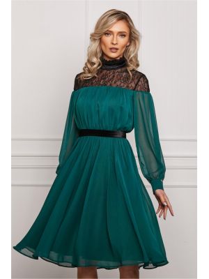 Rochie Dy Fashion verde petrol din voal cu cordon catifelat in talie poza 0