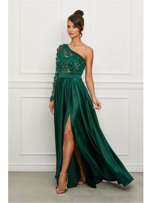 Rochie Ella Collection Alessia lunga verde inchis cu broderie la bust poza 0