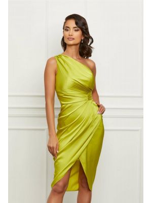 Rochie Ginette verde lime din satin cu pliuri pe talie poza 0
