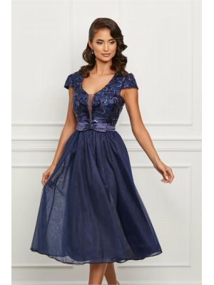 Rochie MBG bleumarin cu broderie la bust si funda in talie poza 0