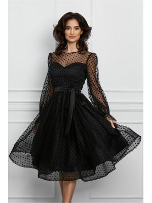 Rochie MBG neagra din tull cu buline si cordon satinat in talie poza 0