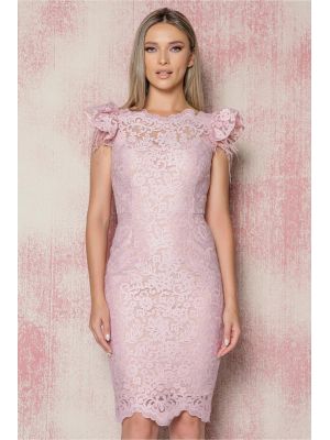 Rochie MBG roz din dantela cu pene la maneci poza 0