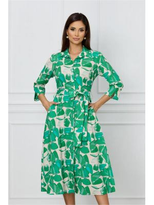 Rochie Maria tip camasa bej cu imprimeu verde si cordon in talie poza 0