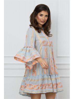 Rochie Mira bleu cu imprimeu caramiziu poza 0
