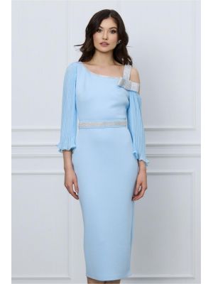 Rochie Sophie bleu din neopren cu strasuri si curea in talie poza 0