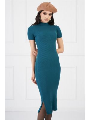Rochie Maria turcoaz din tricot reiat cu maneci scurte poza 0