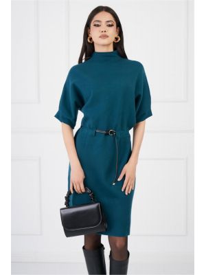 Rochie Monica turcoaz din tricot cu maneci fluture si curea in talie poza 0