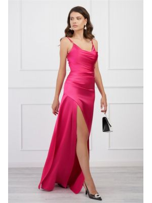 Rochie DY Fashion fucsia lunga din satin cu crepeu maxi poza 0