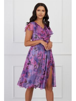 Rochie DY Fashion roz din voal cu imprimeu mov si cordon in talie poza 0
