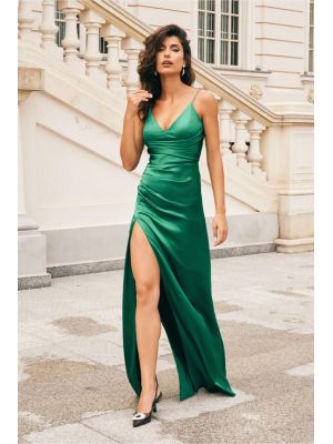 Rochie DY Fashion verde lunga din satin cu crepeu maxi poza 0