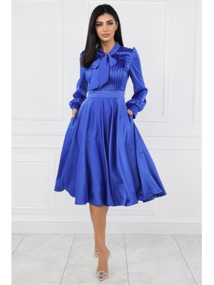 Rochie MBG albastra din satin cu pliuri pe bust si buzunare functionale poza 0