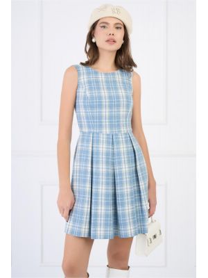 Rochie din lana bleu cu carouri tip sarafan poza 0