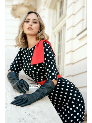 Rochie DY Fashion neagra cu buline albe si funda rosie poza 0