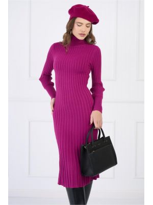 Rochie din tricot reiat magenta cu guler poza 0