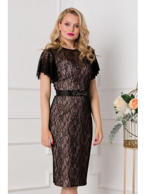 Rochie Arina bej accesorizata cu dantela neagra si cordon in talie poza 0