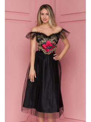 Rochie FanyLux neagra din tull cu broderie florala la bust poza 0