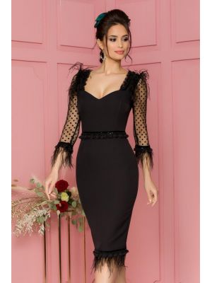 Rochie MBG neagra cu maneci din tull si aplicatii din pene poza 0