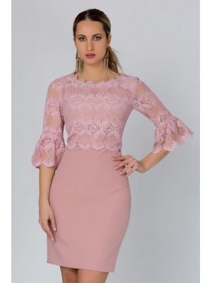 Rochie Rita roz cu dantela la bust poza 0