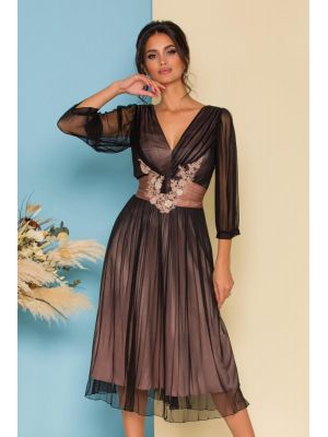 Rochie Ginette neagra din tull de matase cu broderie florala in talie poza 0